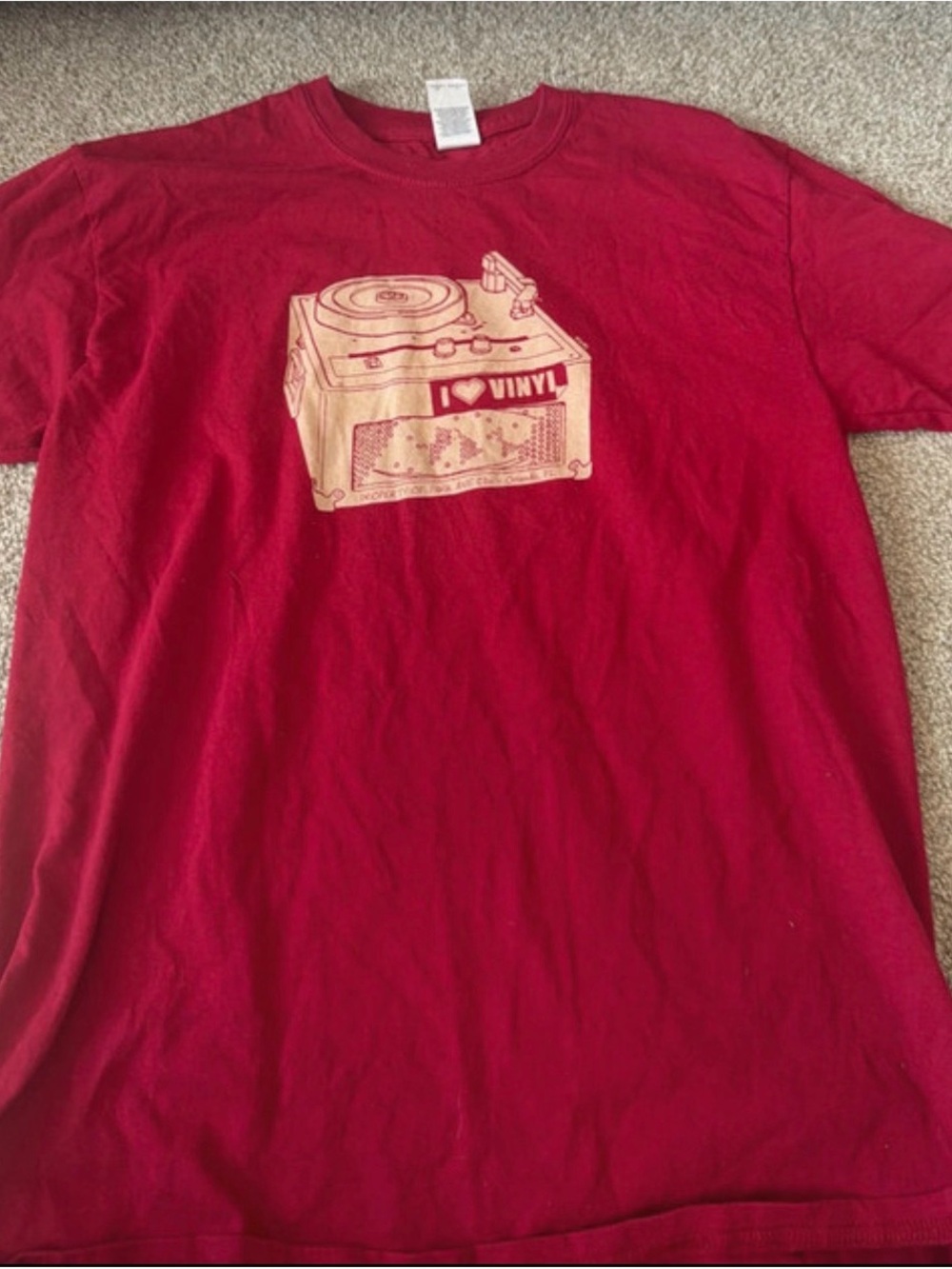 Women's Red Short Sleeve Graphic Tee with Beige Turntable Print